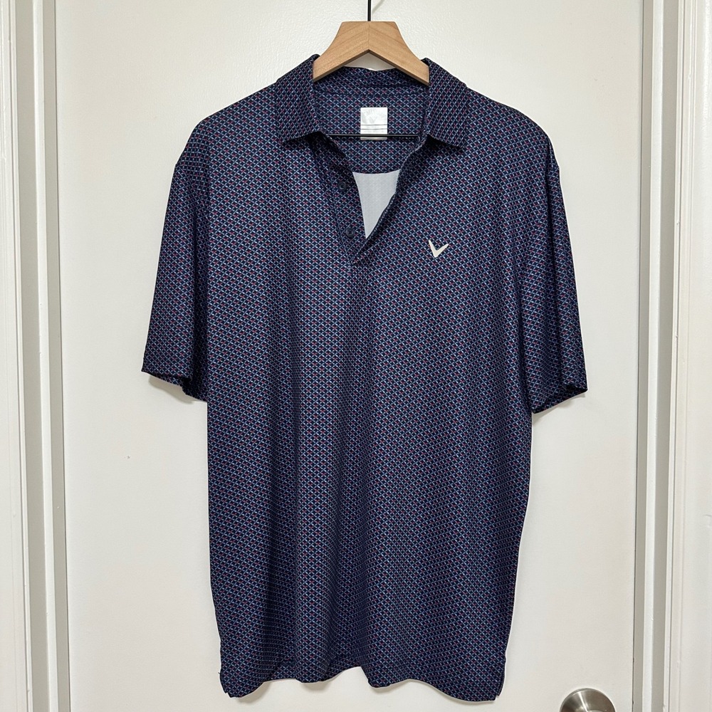 Callaway | Men's Navy Blue Geometric Print Opti-Dri Golf Polo Shirt, Size M